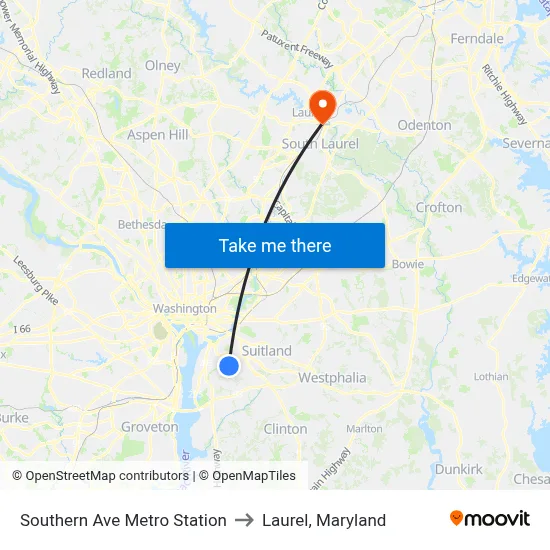 Southern Ave Metro Station to Laurel, Maryland map