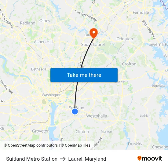 Suitland Metro Station to Laurel, Maryland map