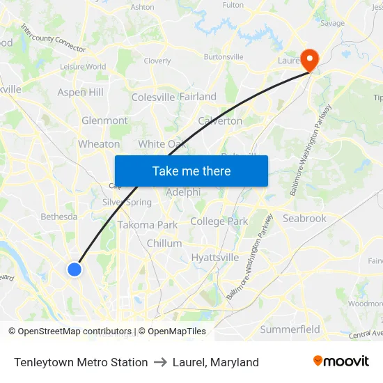 Tenleytown Metro Station to Laurel, Maryland map
