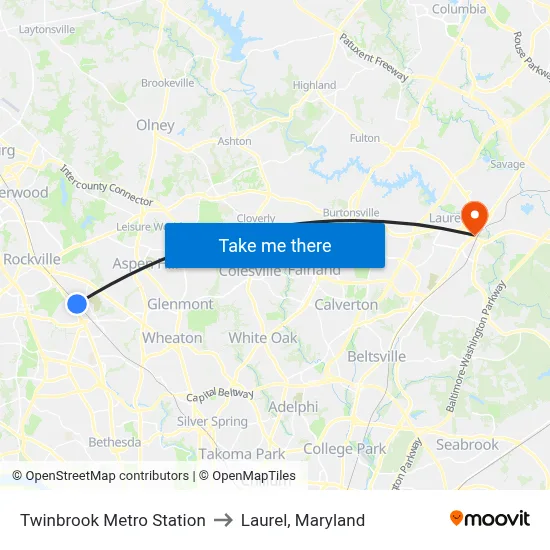 Twinbrook Metro Station to Laurel, Maryland map