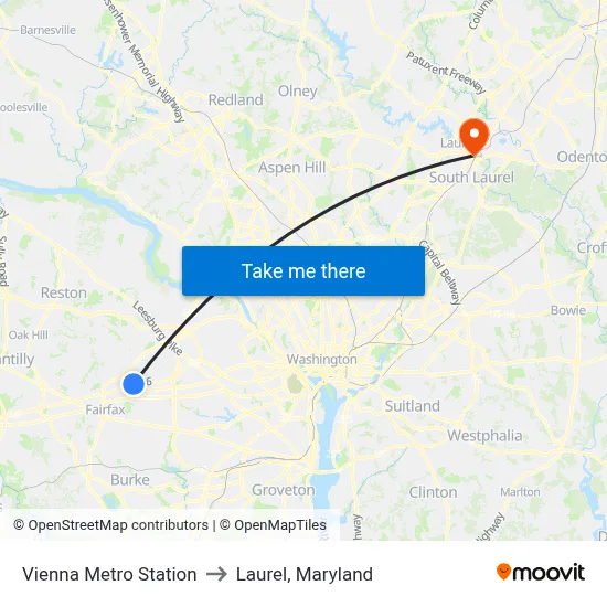 Vienna Metro Station to Laurel, Maryland map