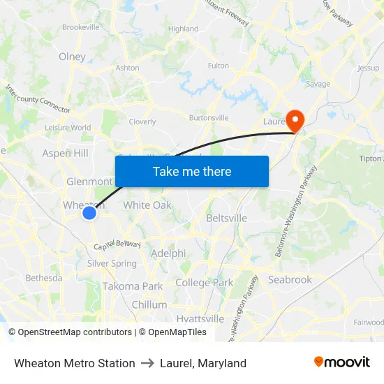 Wheaton Metro Station to Laurel, Maryland map
