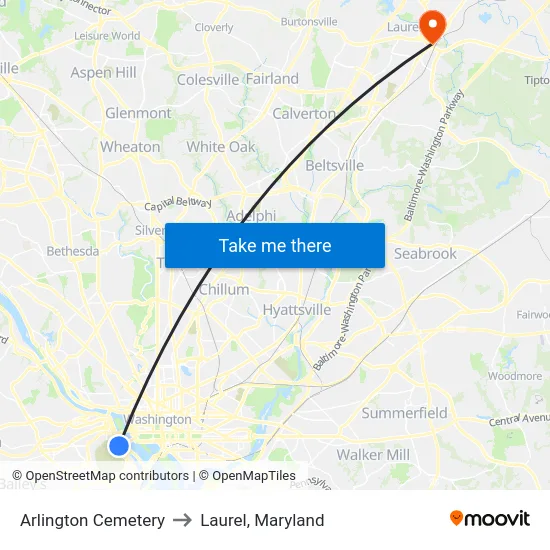 Arlington Cemetery to Laurel, Maryland map