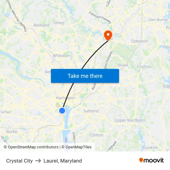 Crystal City to Laurel, Maryland map
