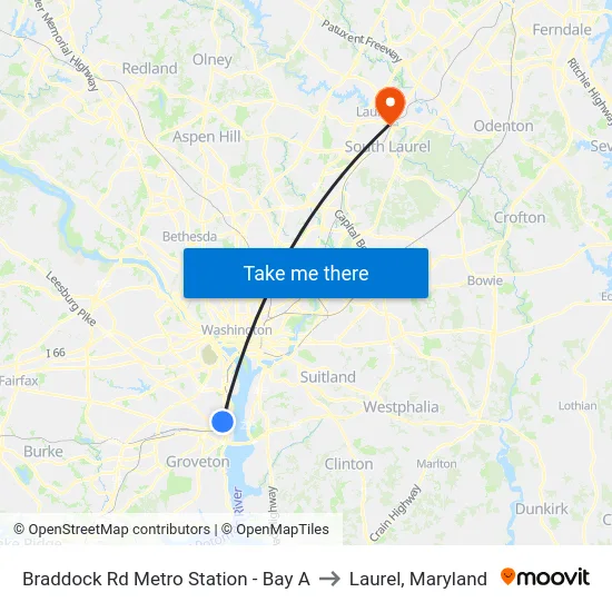 Braddock Rd Metro Station - Bay A to Laurel, Maryland map