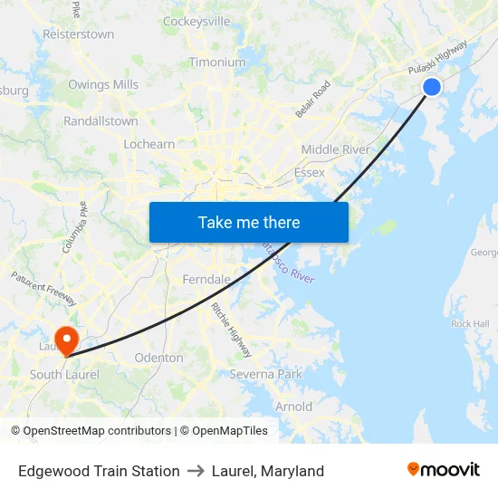Edgewood Train Station to Laurel, Maryland map