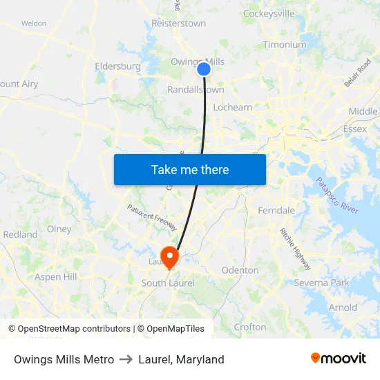 Owings Mills Metro to Laurel, Maryland map