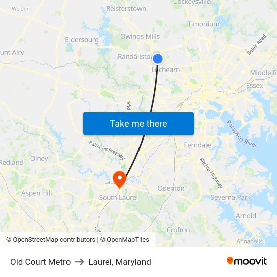 Old Court Metro to Laurel, Maryland map