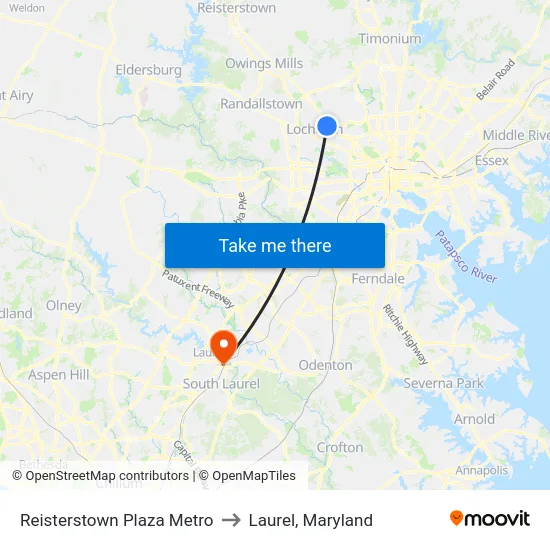 Reisterstown Plaza Metro to Laurel, Maryland map