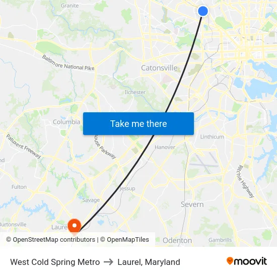 West Cold Spring Metro to Laurel, Maryland map