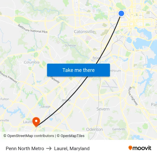 Penn North Metro to Laurel, Maryland map