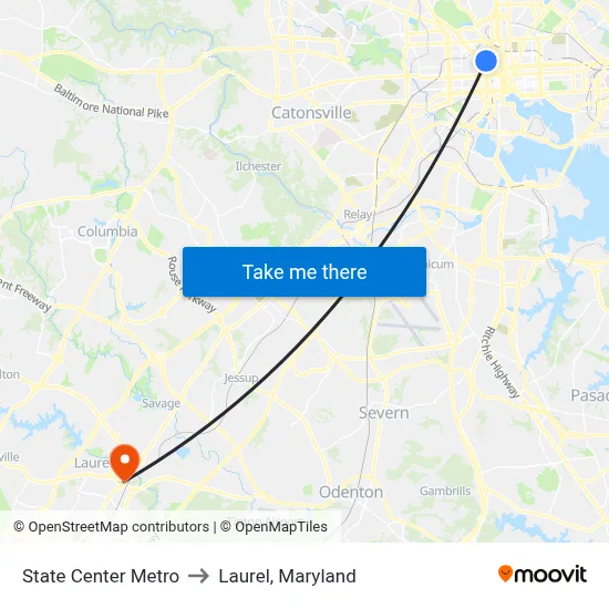 State Center Metro to Laurel, Maryland map