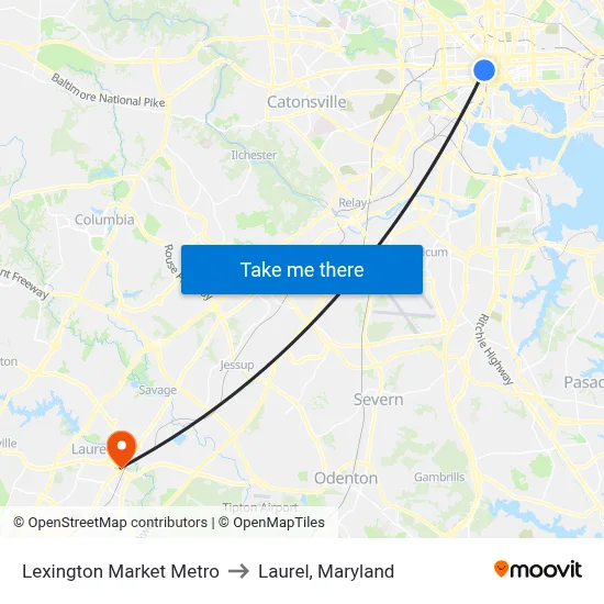 Lexington Market Metro to Laurel, Maryland map