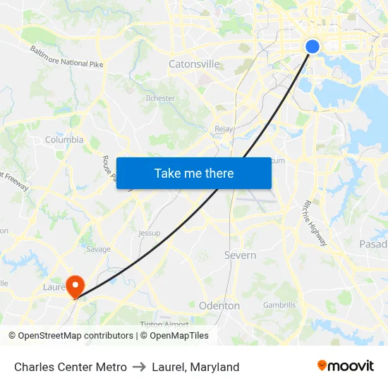 Charles Center Metro to Laurel, Maryland map