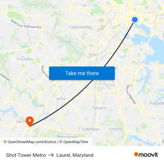 Shot Tower Metro to Laurel, Maryland map