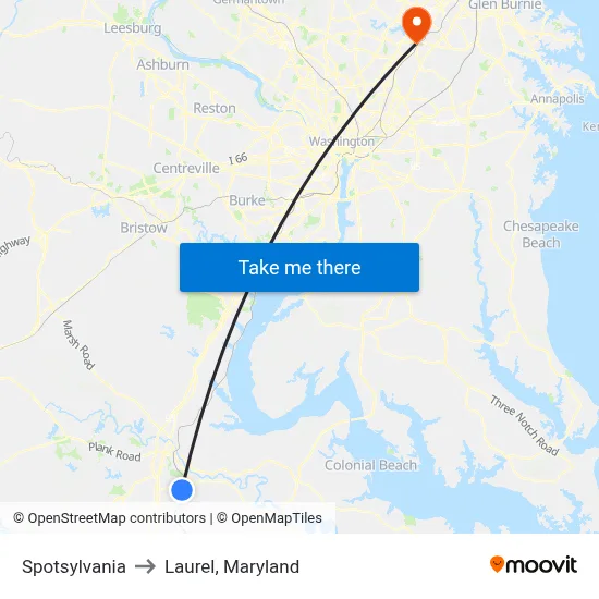 Spotsylvania to Laurel, Maryland map