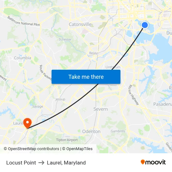 Locust Point to Laurel, Maryland map