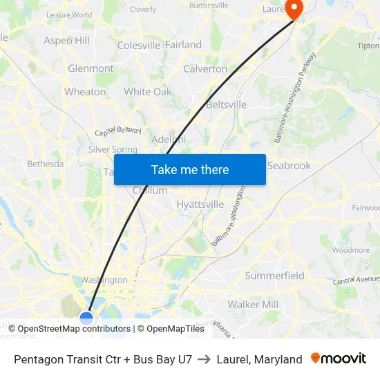 Pentagon Transit Ctr + Bus Bay U7 to Laurel, Maryland map