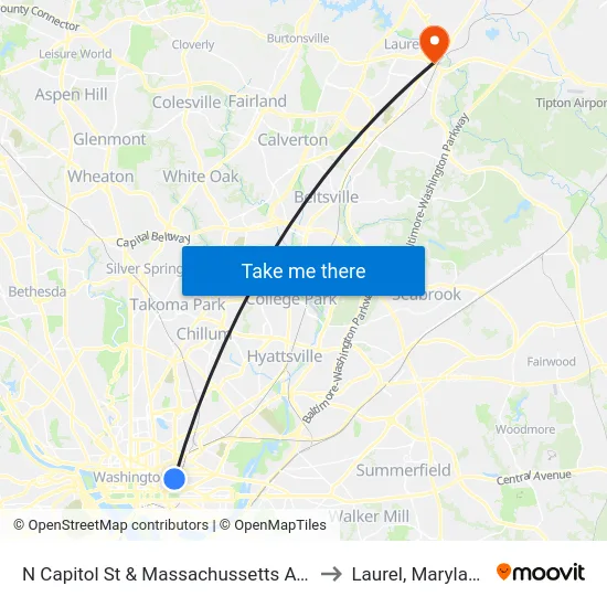 N Capitol St & Massachussetts Ave to Laurel, Maryland map