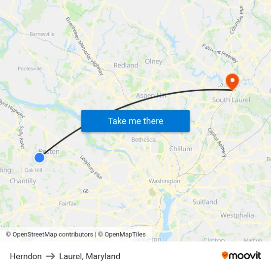 Herndon to Laurel, Maryland map