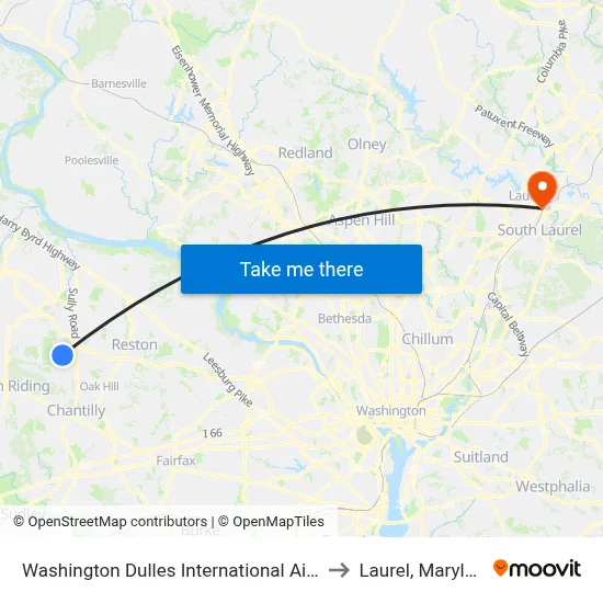Washington Dulles International Airport to Laurel, Maryland map