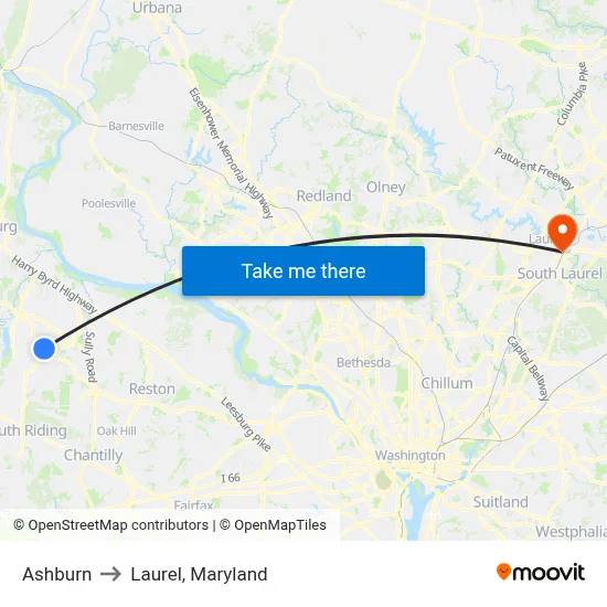 Ashburn to Laurel, Maryland map