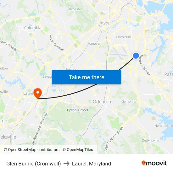 Glen Burnie (Cromwell) to Laurel, Maryland map