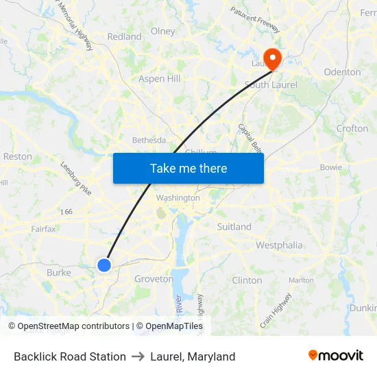 Backlick Road Station to Laurel, Maryland map
