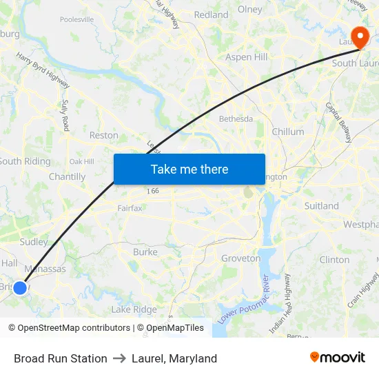Broad Run Station to Laurel, Maryland map
