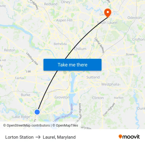 Lorton Station to Laurel, Maryland map