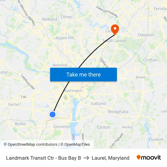 Landmark Transit Ctr - Bus Bay B to Laurel, Maryland map