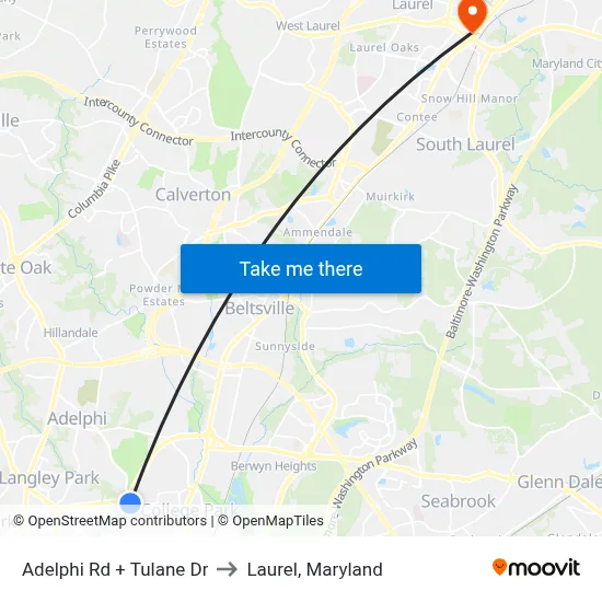 Adelphi Rd + Tulane Dr to Laurel, Maryland map