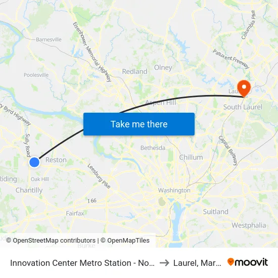 Innovation Center Metro Station - North Bus Bay to Laurel, Maryland map