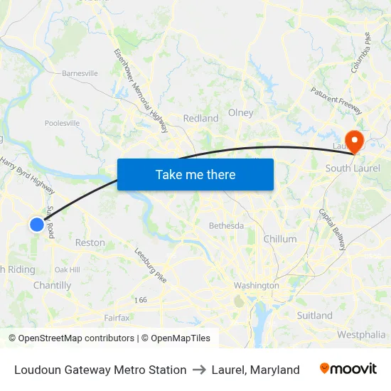 Loudoun Gateway Metro Station to Laurel, Maryland map