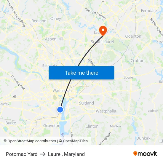 Potomac Yard to Laurel, Maryland map