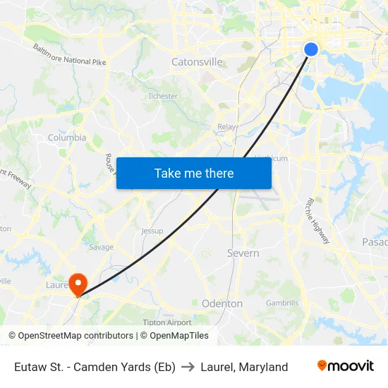 Eutaw St. - Camden Yards (Eb) to Laurel, Maryland map