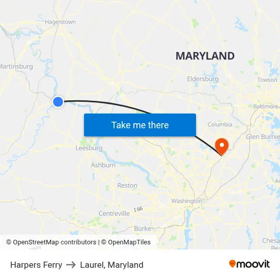 Harpers Ferry to Laurel, Maryland map