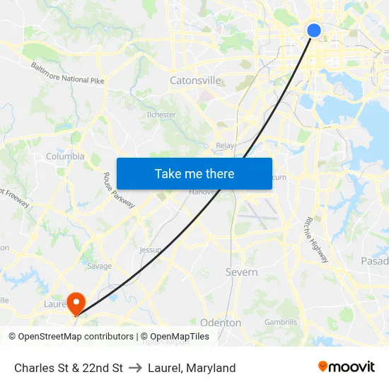 Charles St & 22nd St to Laurel, Maryland map
