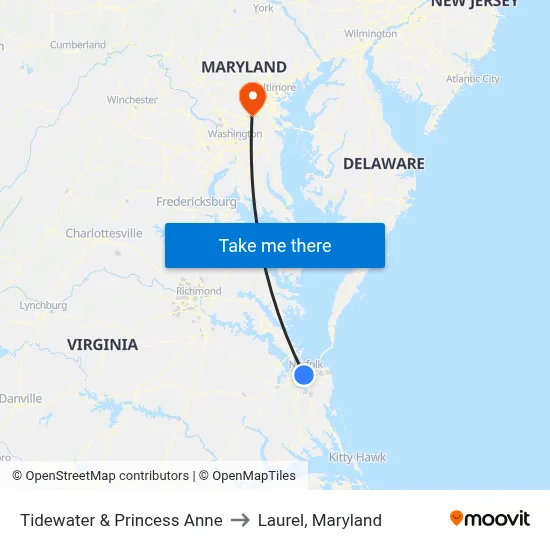 Tidewater & Princess Anne to Laurel, Maryland map