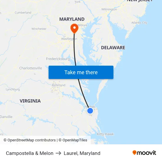 Campostella & Melon to Laurel, Maryland map