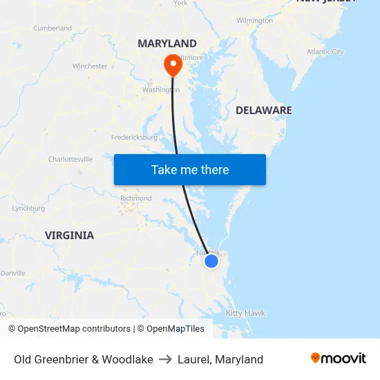 Old Greenbrier & Woodlake to Laurel, Maryland map