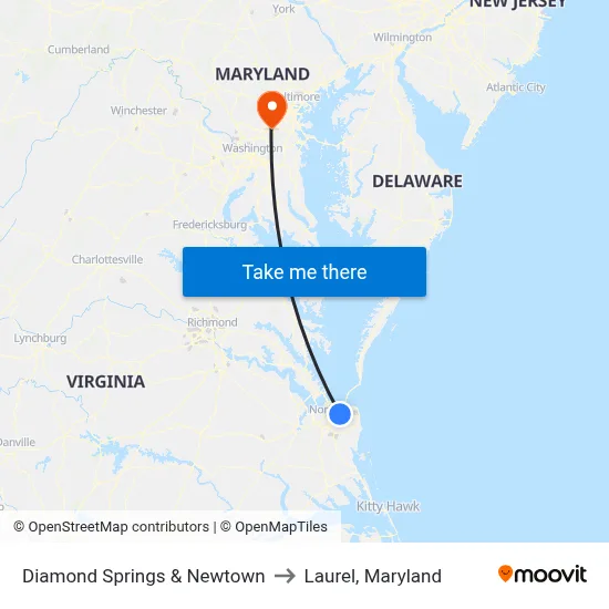 Diamond Springs & Newtown to Laurel, Maryland map