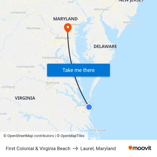 First Colonial & Virginia Beach to Laurel, Maryland map