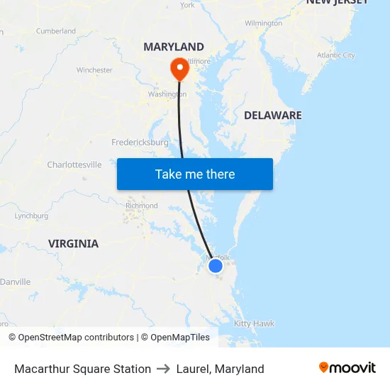 Macarthur Square Station to Laurel, Maryland map