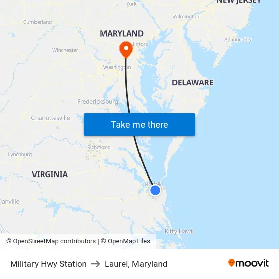 Military Hwy Station to Laurel, Maryland map