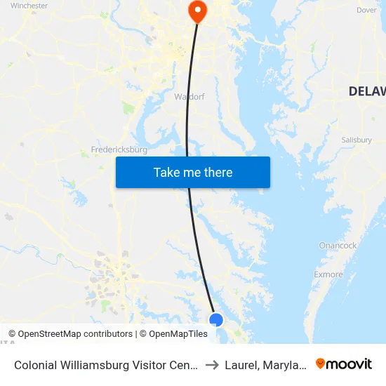 Colonial Williamsburg Visitor Center to Laurel, Maryland map