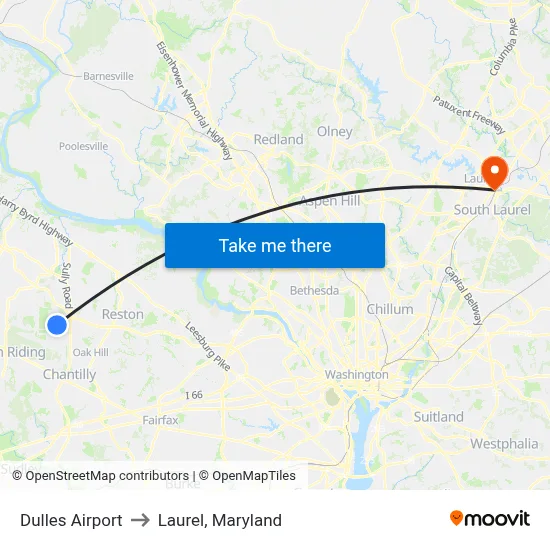 Dulles Airport to Laurel, Maryland map