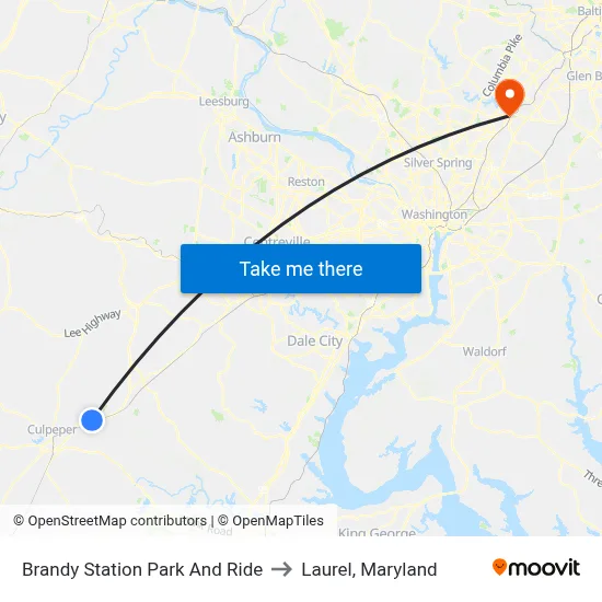 Brandy Station Park And Ride to Laurel, Maryland map