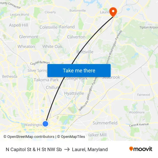 N Capitol St & H St NW Sb to Laurel, Maryland map