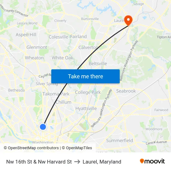 Nw 16th St & Nw Harvard St to Laurel, Maryland map